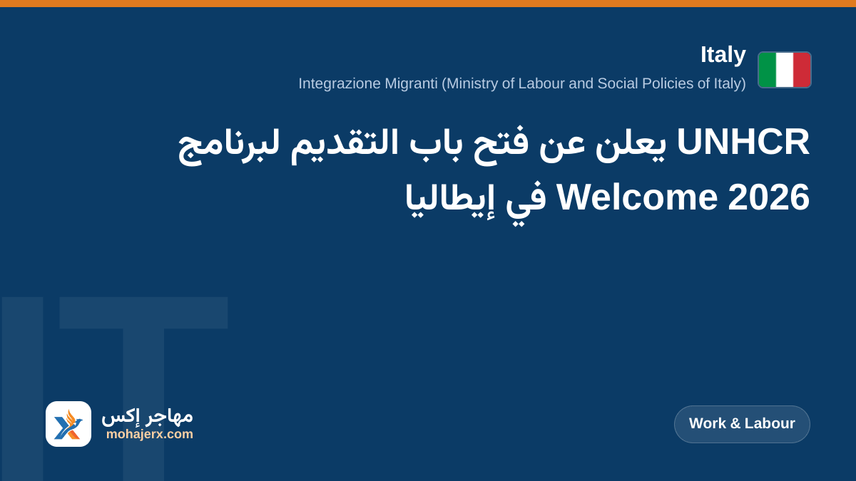 UNHCR يعلن عن فتح باب التقديم لبرنامج Welcome 2026 في إيطاليا | Italy | Work & Labour